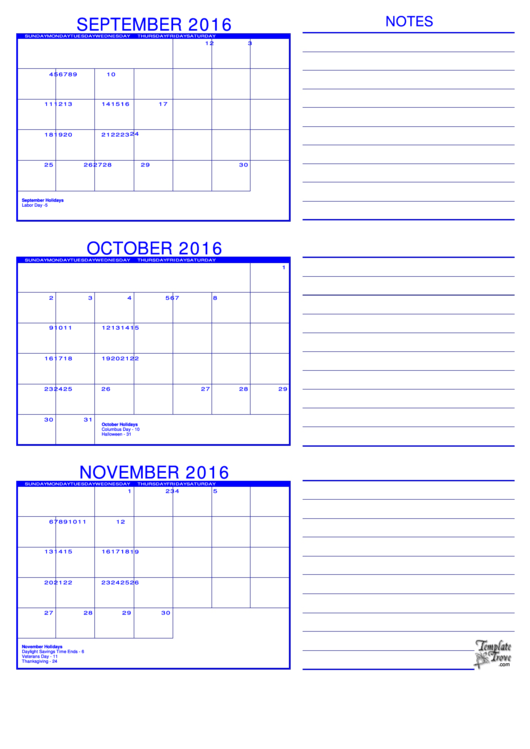 September, October, November 2016 Calendar Template Printable pdf