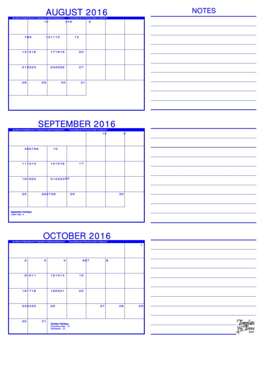 August, September, October 2016 Calendar Template Printable pdf