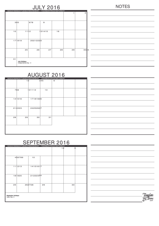 July, August, September 2016 Calendar Template Printable pdf