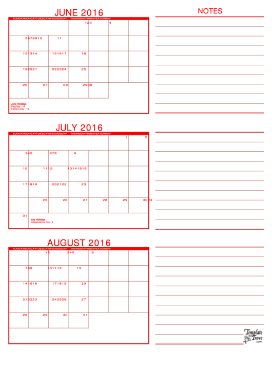 June, July, August 2016 Calendar Template Printable pdf