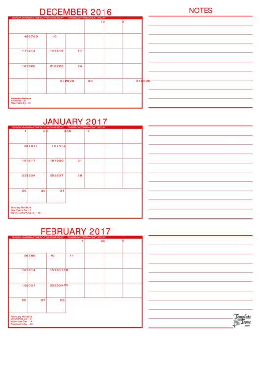 December, January, February 2017 Calendar Template Printable pdf