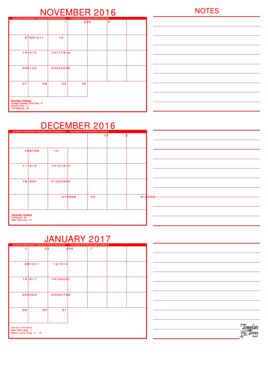 November, December, January 2017 Calendar Template Printable pdf