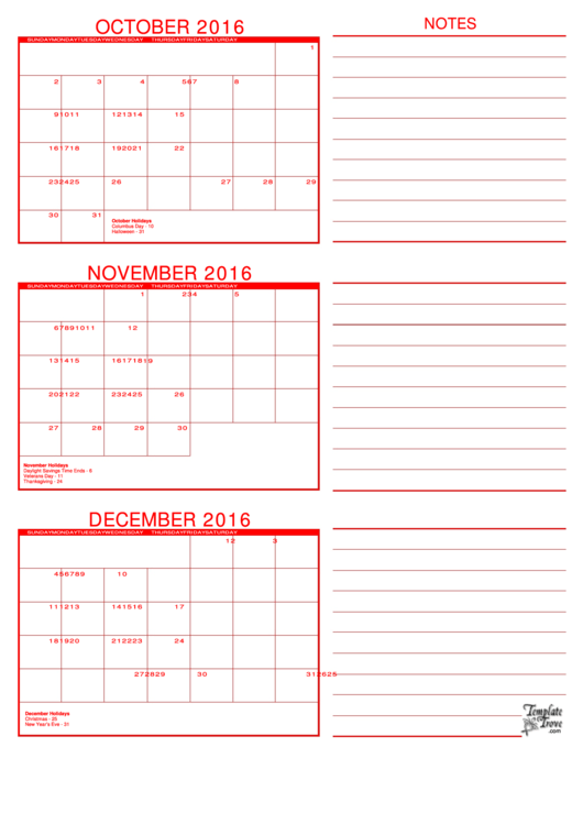 October, November, December 2016 Calendar Template Printable pdf