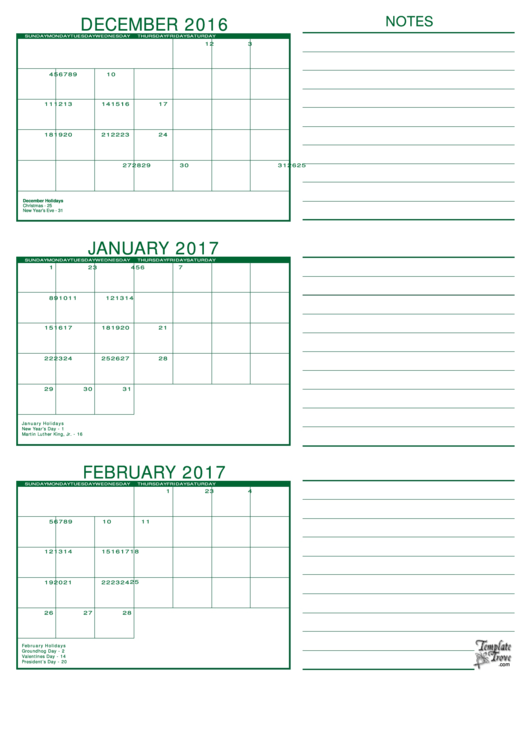 December, January, February 2017 Calendar Template Printable pdf