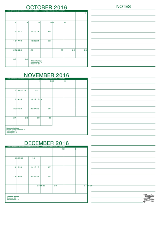 October, November, December 2016 Calendar Template Printable pdf