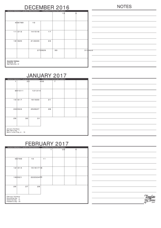 Calendar Template - December, January, February 2017 Printable pdf