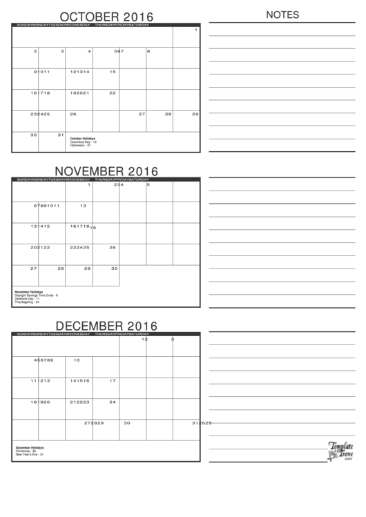 October, November, December 2016 Calendar Template Printable pdf