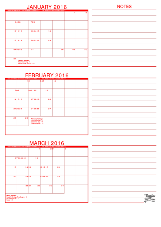 January, February, March 2016 Calendar Template - Red Printable pdf
