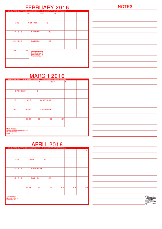 February, March, April 2016 Calendar Template - Red Printable pdf