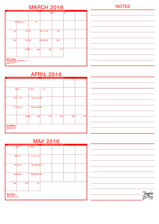 March, April, May 2016 Calendar Template - Red Printable pdf