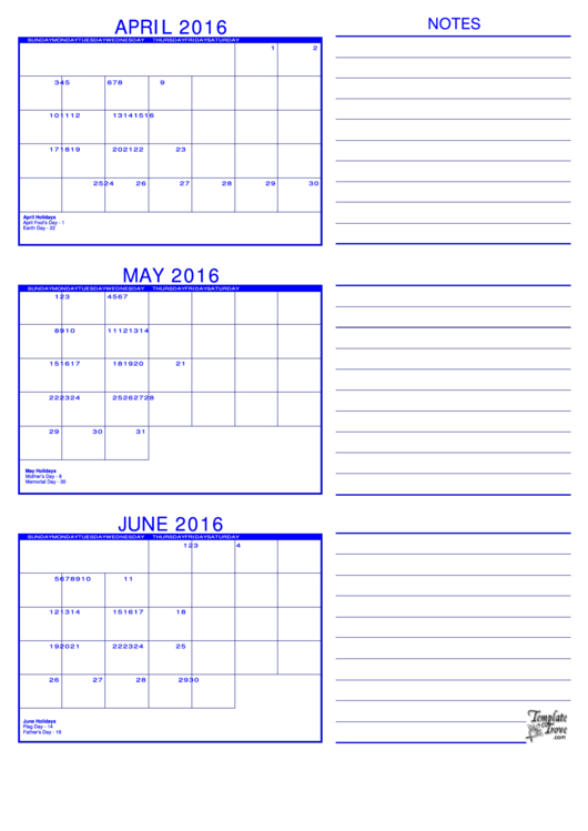 April, May, June 2016 Calendar Template Printable pdf