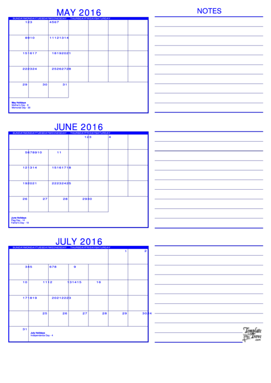 May, June, July 2016 Calendar Template Printable pdf