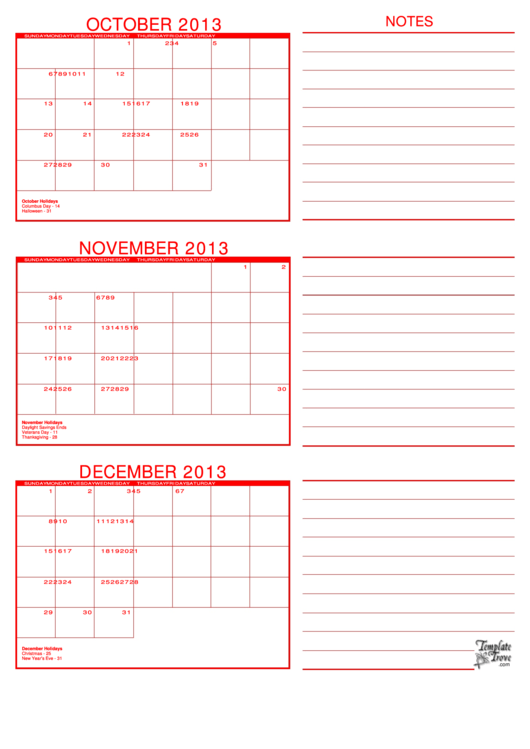 October, November, December 2013 Calendar Template Printable pdf