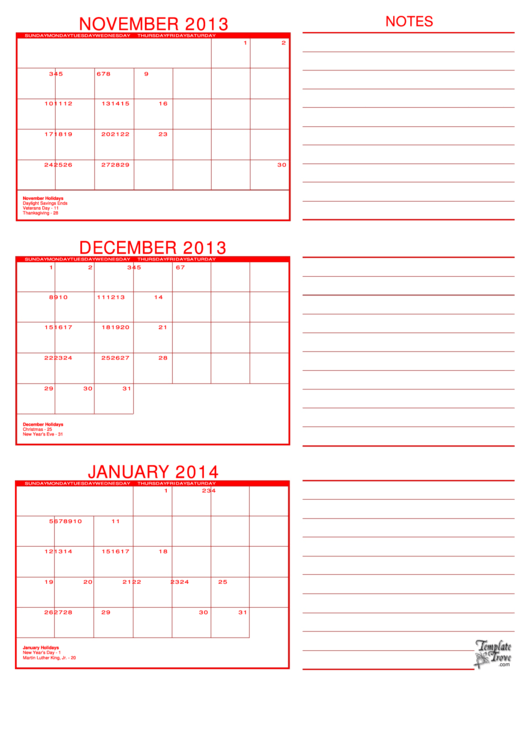 November, December, January 2014 Calendar Template Printable pdf