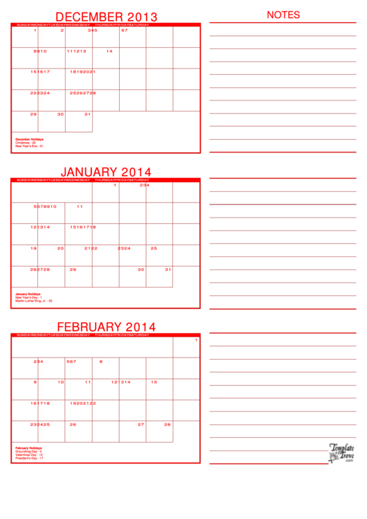 December, January, February 2014 Calendar Template Printable pdf