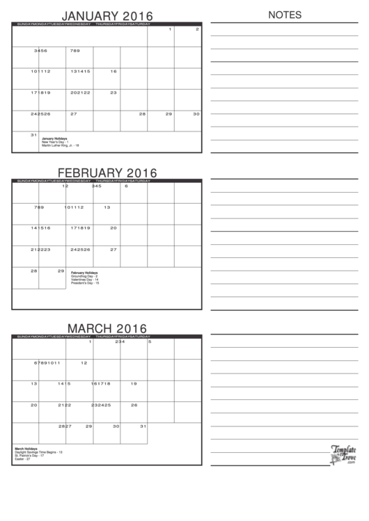 January, February, March 2016 Calendar Template - Black Printable pdf