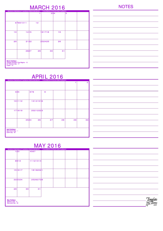 March, April, May 2016 Calendar Template - Purple Printable pdf