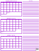 February, March, April 2016 Calendar Template - Purple