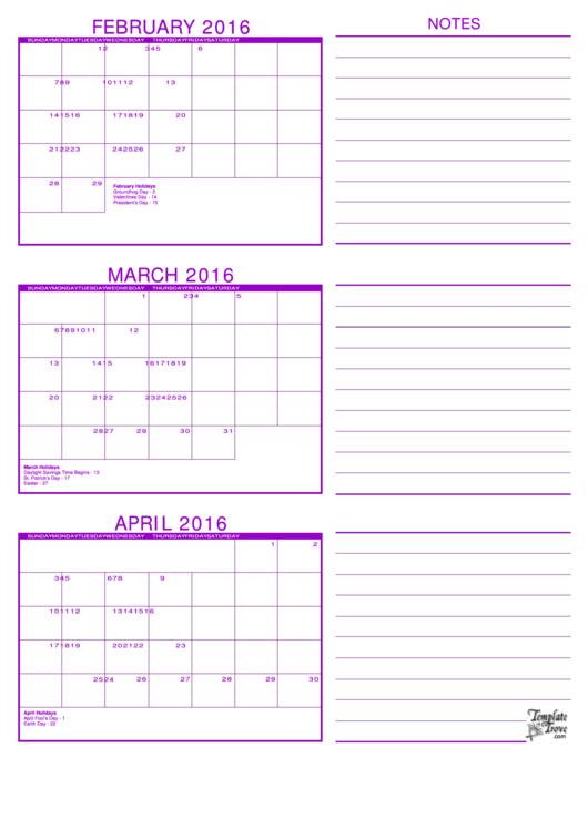 February, March, April 2016 Calendar Template - Purple Printable pdf