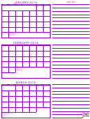January, February, March 2016 Calendar Template - Purple