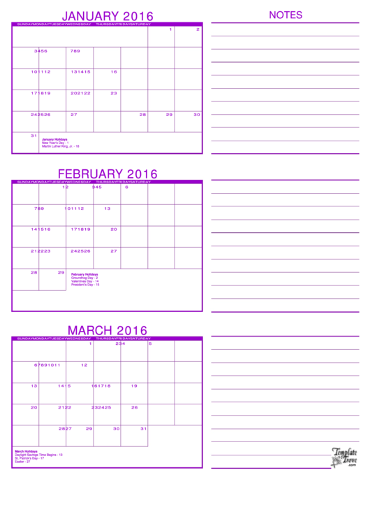 January, February, March 2016 Calendar Template - Purple Printable pdf