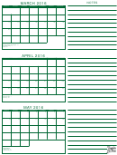 March, April, May 2016 Calendar Template - Green
