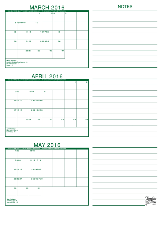 March, April, May 2016 Calendar Template - Green Printable pdf