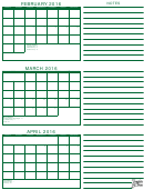 February, March, April 2016 Calendar Template - Green
