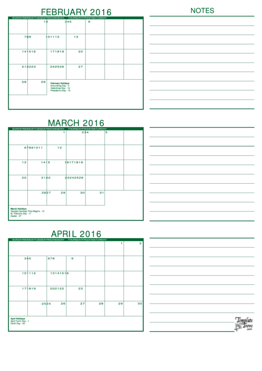 February, March, April 2016 Calendar Template - Green Printable pdf