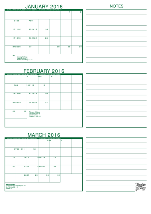 January, February, March 2016 Calendar Template - Green Printable pdf