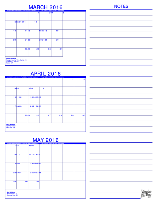 March, April, May 2016 Calendar Template - Blue Printable pdf
