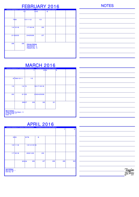 February, March, April 2016 Calendar Template - Blue Printable pdf