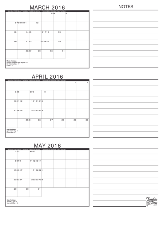 March, April, May 2016 Calendar Template - Black Printable pdf