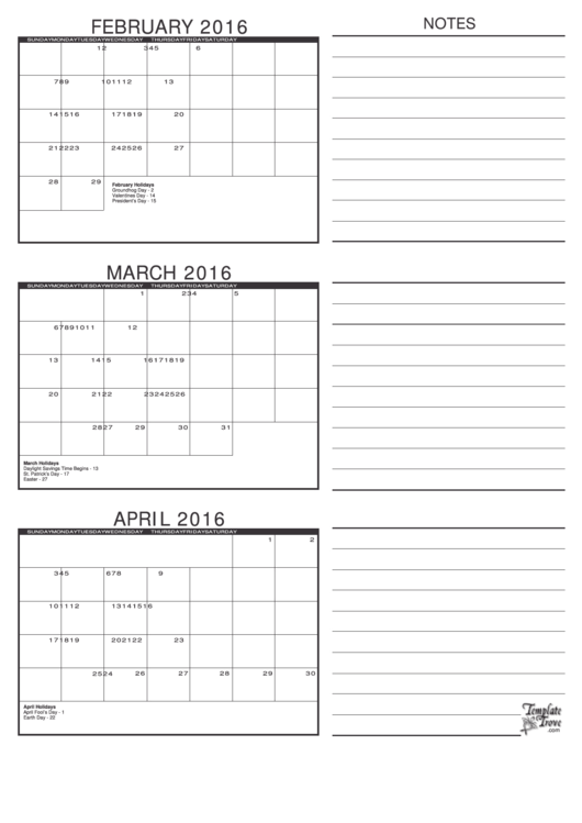 February, March, April 2016 Calendar Template - Black Printable pdf