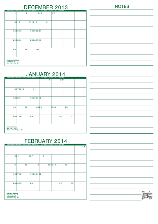 December, January, February 2014 Calendar Template Printable pdf