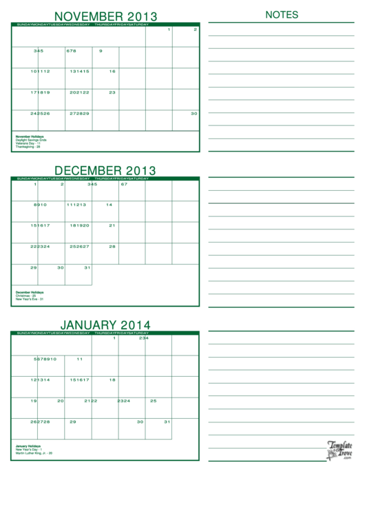 November, December, January 2014 Calendar Template Printable pdf