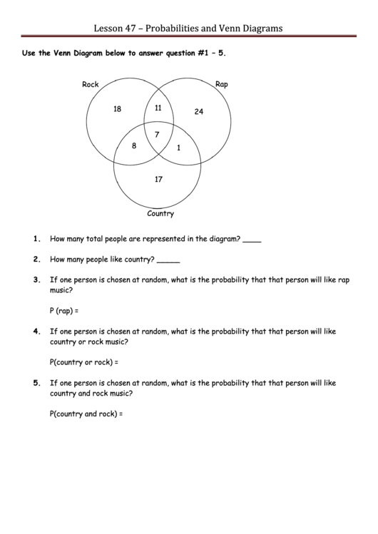 Probabilities And Venn Diagrams Worksheet Template Printable pdf