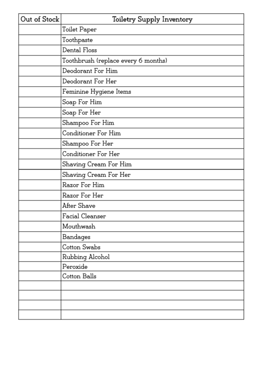 Toiletry Supply List Printable pdf