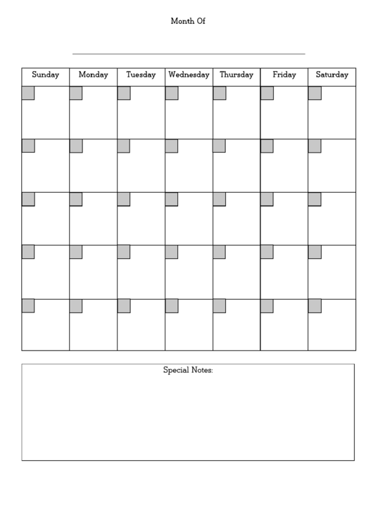Monthly Calendar Template With Notes Printable pdf