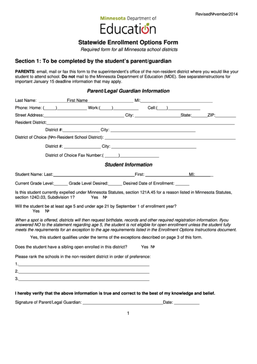 Fillable Statewide Enrollment Options Form - Minnesota Department Of Education - 2014 Printable pdf