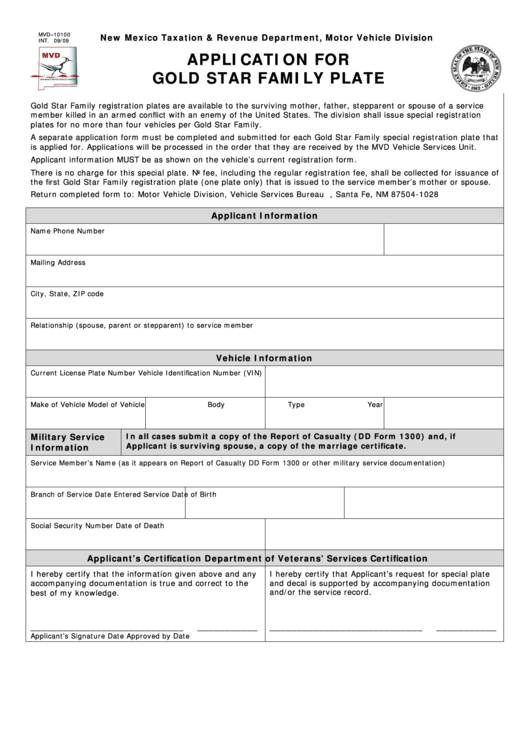 Form Mvd-10100 - Application For Gold Star Family Plate Printable pdf