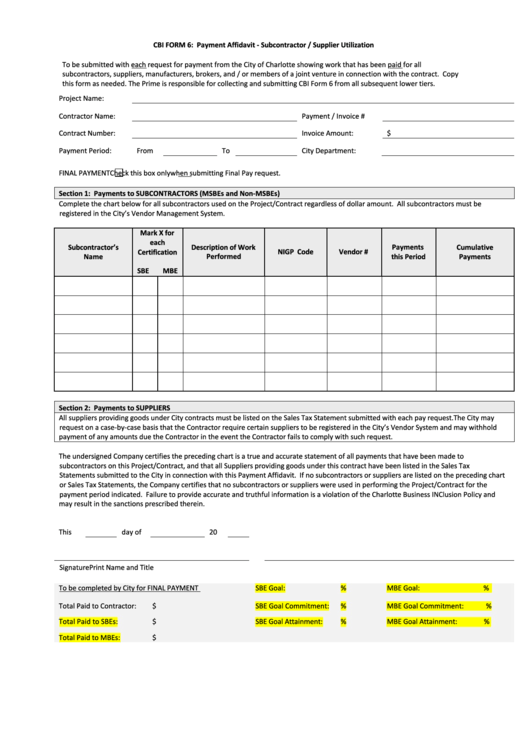 Cbi Form 6: Payment Affidavit Form - Subcontractor / Supplier Utilization (Sbe/mbe) Printable pdf