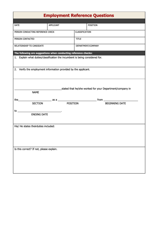 Employment Reference Questionnaire Template Printable pdf