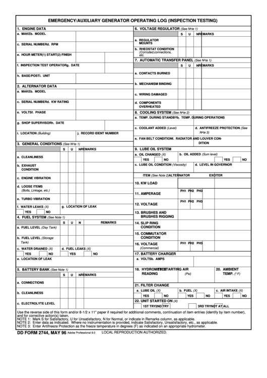 Fillable Dd Form 2744 - Emergency/auxiliary Generator Operating Log (Inspection Testing) Printable pdf