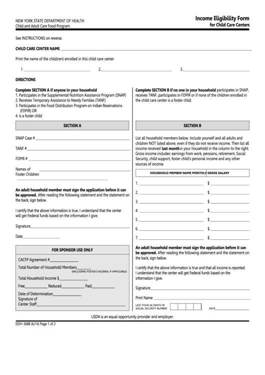 Form Doh-3688 - Income Eligibility Form - New York Printable pdf