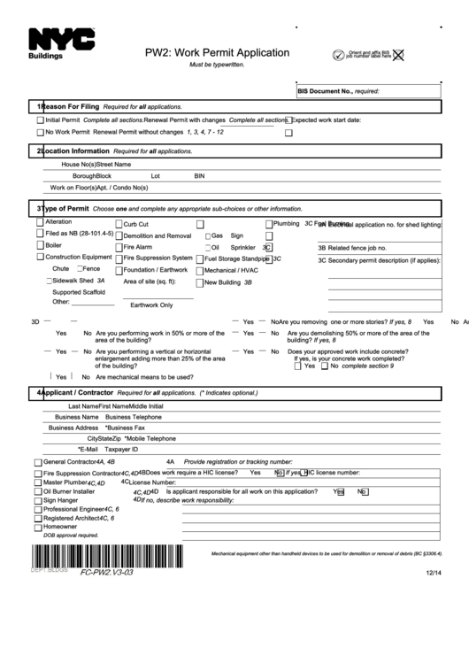 Fillable Pw2: Work Permit Application - New York Printable pdf