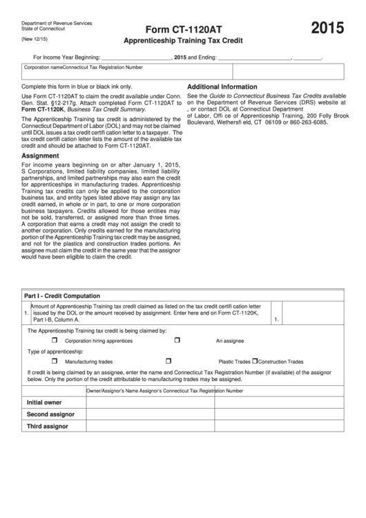 Form Ct-1120at - Connecticut Department Of Revenue Services Apprenticeship Training Tax Credit 2015 Printable pdf