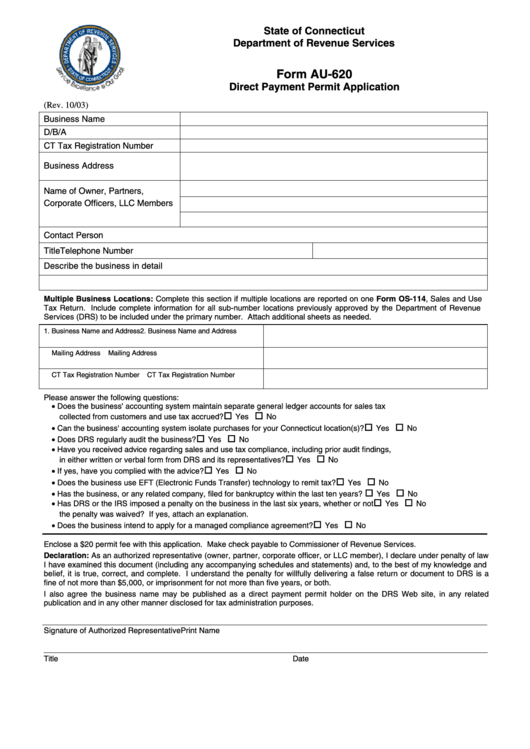 Form Au-620 - State Of Connecticut Department Of Revenue Services Direct Payment Permit Application Printable pdf