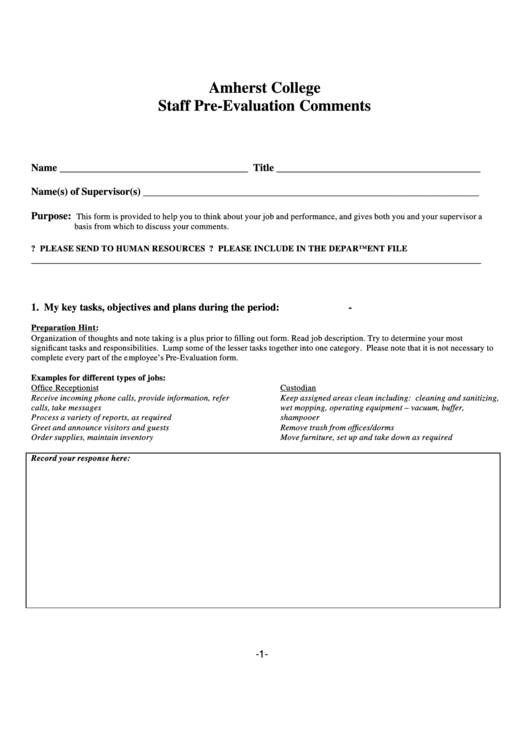 Fillable Amherst College Staff Pre-Evaluation Comments Printable pdf