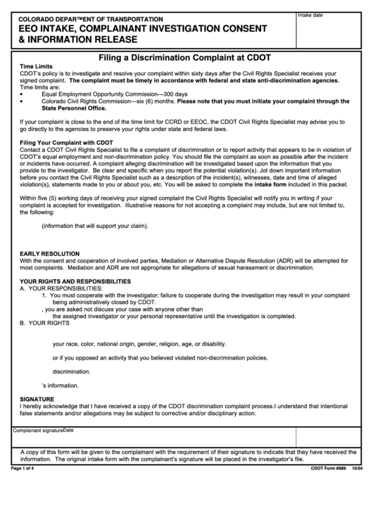 Cdot Form 889 - Eeo Intake, Complainant Investigation Consent & Information Release - Colorado Department Of Transportation Printable pdf